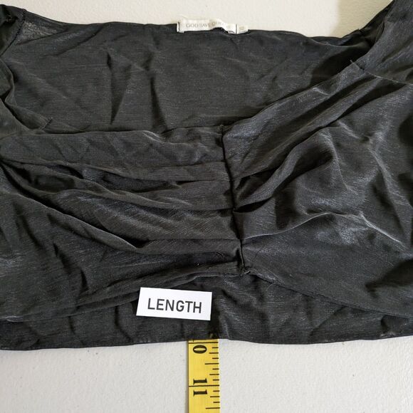 God Save Queens Layla XS Mesh Top Off Shoulder Cropped Ruched Sheer Black - Picture 9 of 10